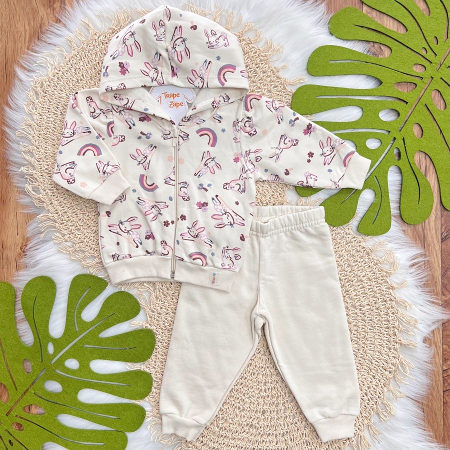 Conj. Jaqueta com Capuz Coelhinhos e Calça de Moletom - Creme